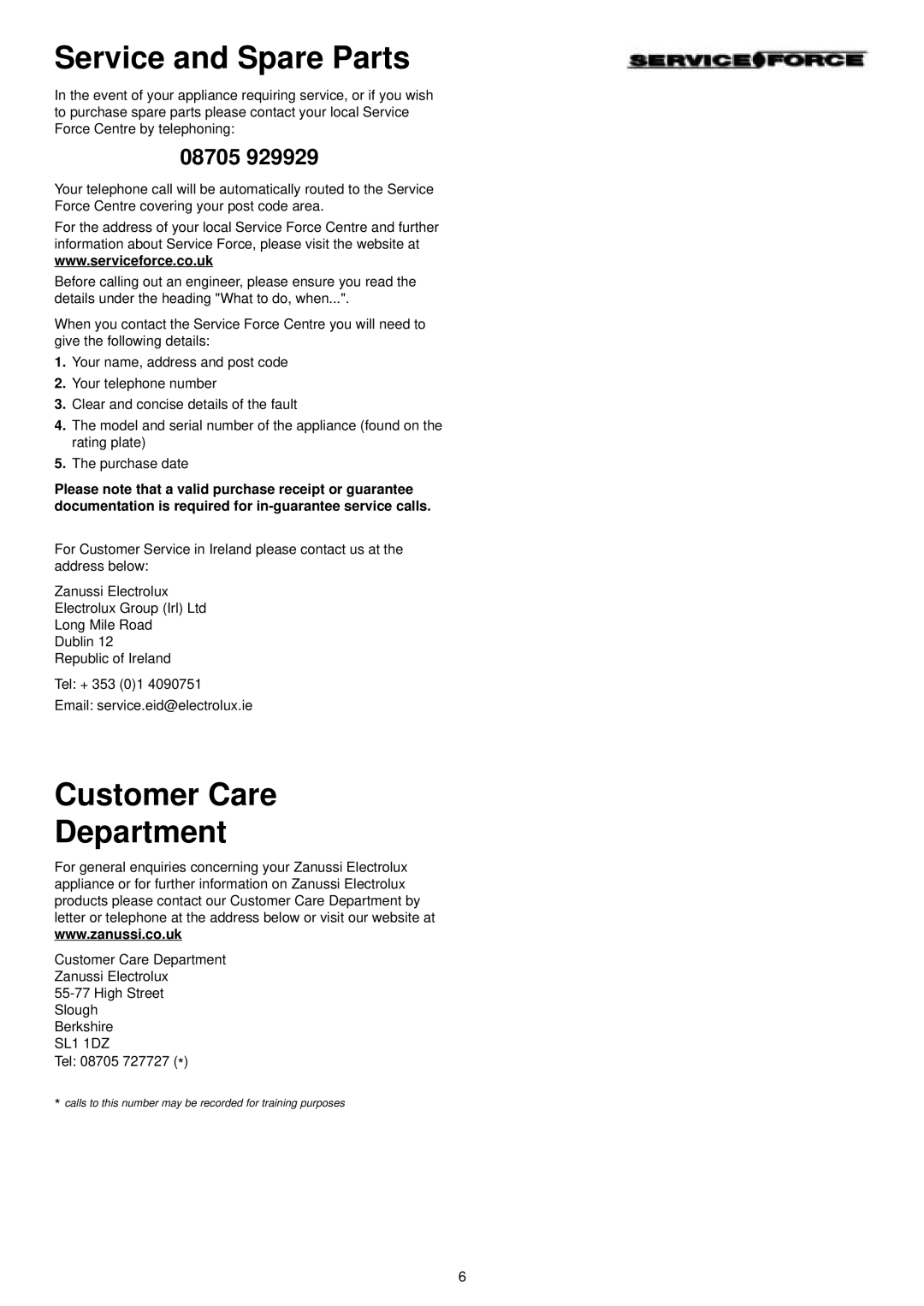 Zanussi DA 4131 manual Service and Spare Parts, Customer Care Department 