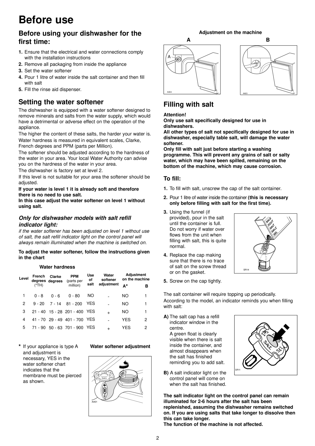 Zanussi DA 4142 Before use, Before using your dishwasher for, First time, Setting the water softener, Filling with salt 