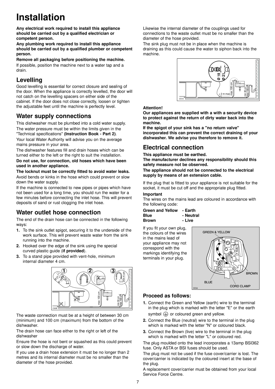 Zanussi DA 4142 manual Installation, Water supply connections, Electrical connection, Water outlet hose connection 