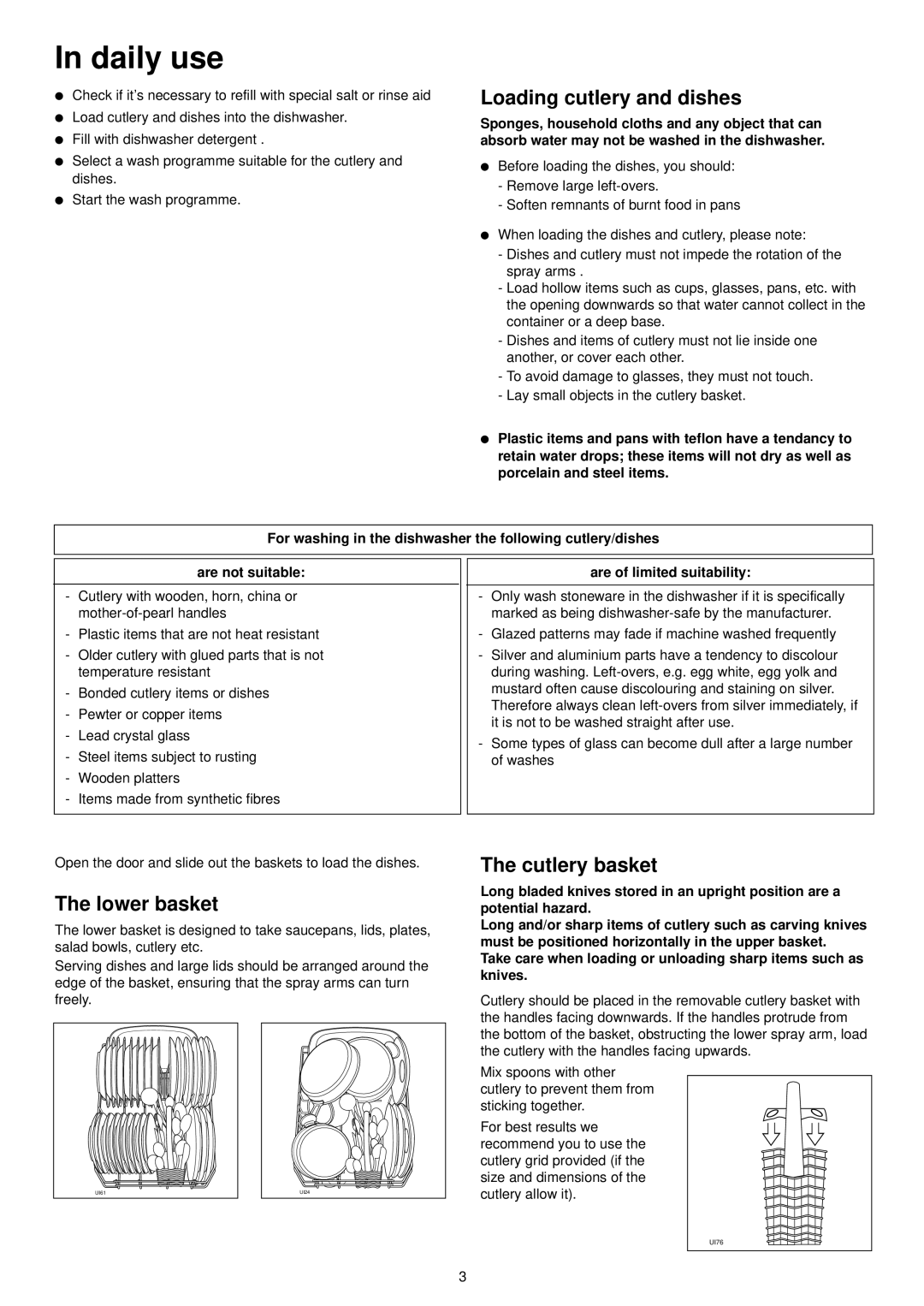 Zanussi DA 4142 manual Daily use, Loading cutlery and dishes, Lower basket, Cutlery basket, Are of limited suitability 