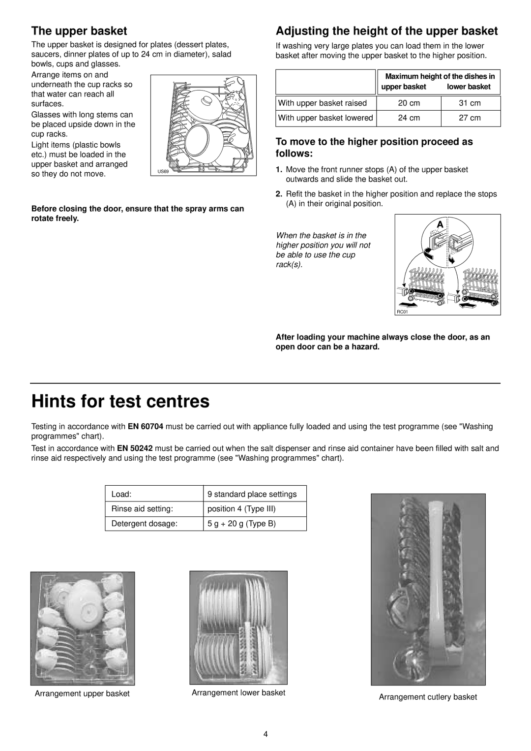 Zanussi DA 4142 manual Hints for test centres, Upper basket, Adjusting the height of the upper basket 