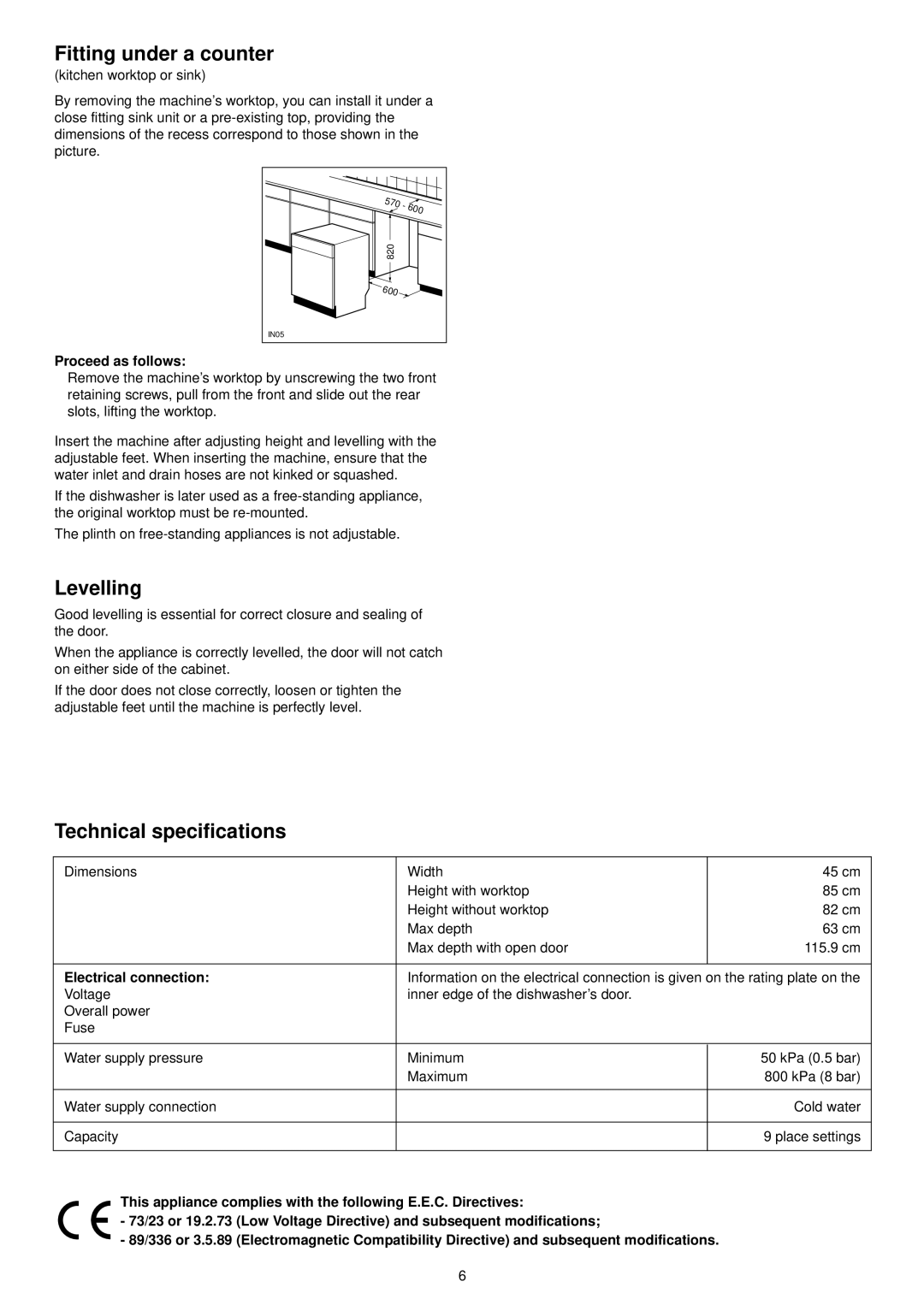 Zanussi DA 4142 Fitting under a counter, Levelling, Technical specifications, Proceed as follows, Electrical connection 