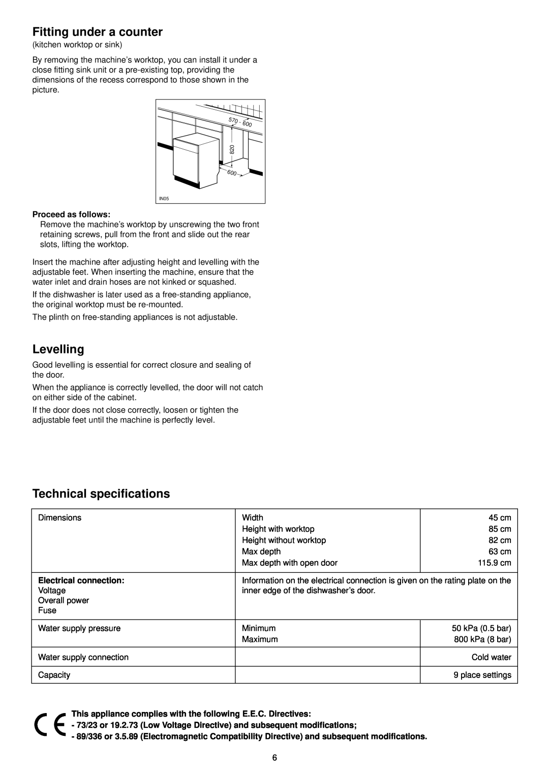 Zanussi DA 4142 manual Fitting under a counter, Levelling, Technical specifications 