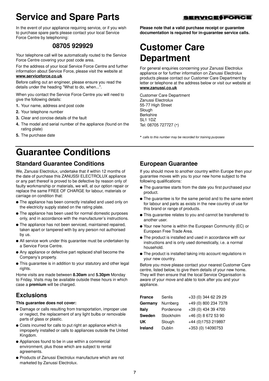 Zanussi DA 4142 manual Service and Spare Parts, Customer Care Department, Guarantee Conditions, 08705, Exclusions 