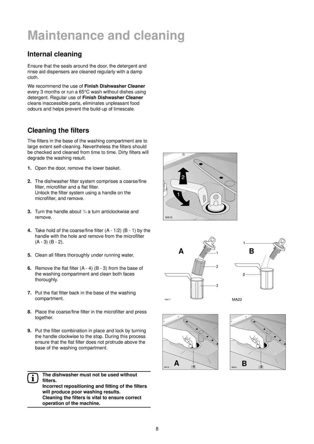 Zanussi DA 4342 manual Maintenance and cleaning, Internal cleaning, Finish Dishwasher Cleaner 