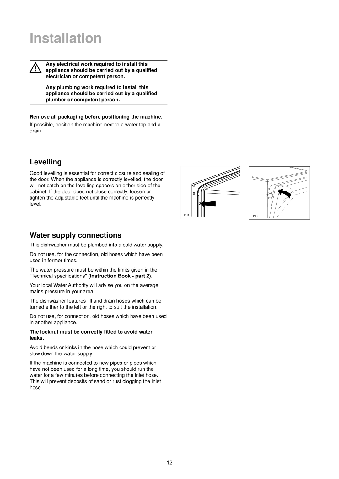 Zanussi DA 4342 Installation, Levelling, Water supply connections, Remove all packaging before positioning the machine 