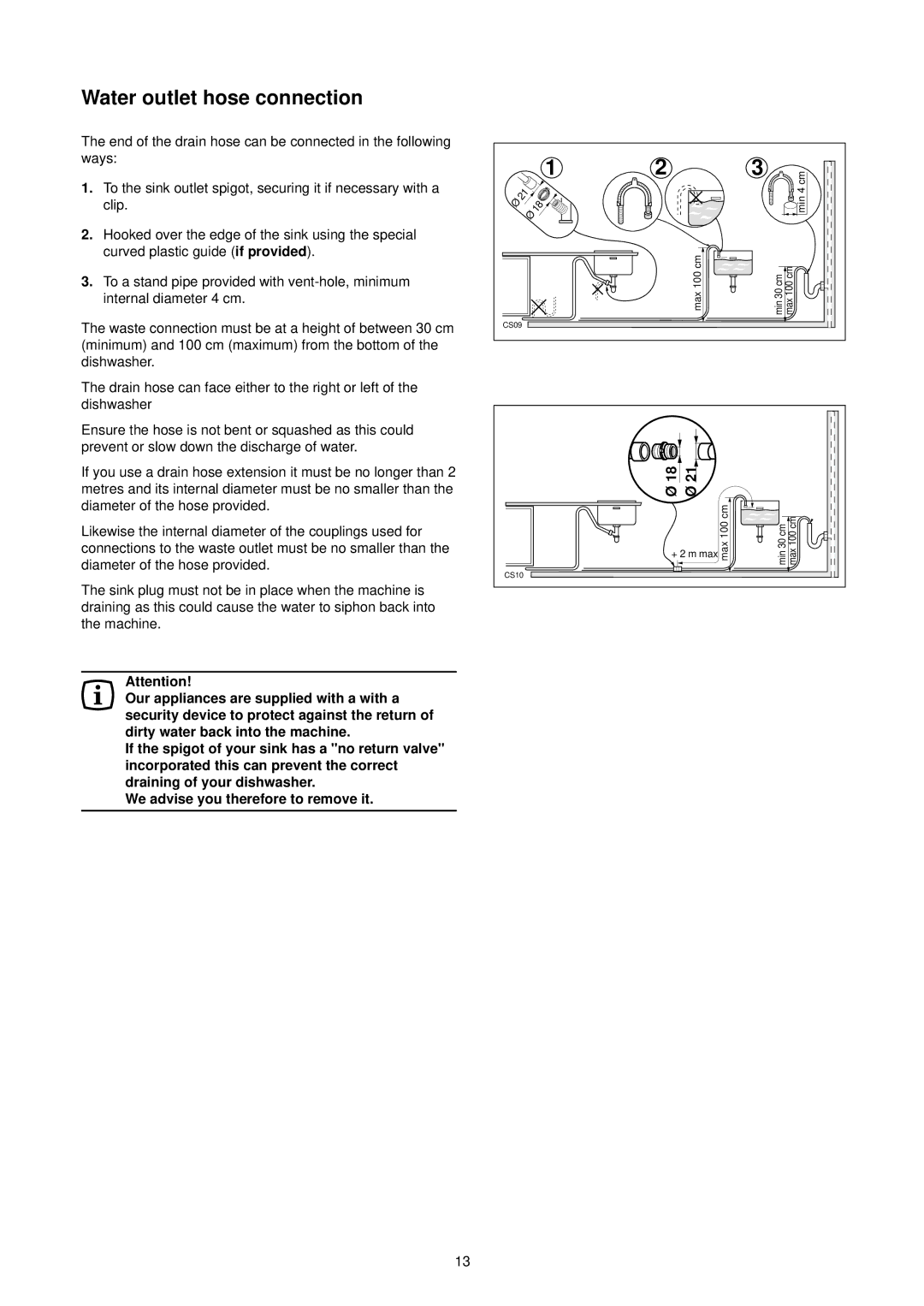 Zanussi DA 4342 manual Water outlet hose connection, Curved plastic guide 