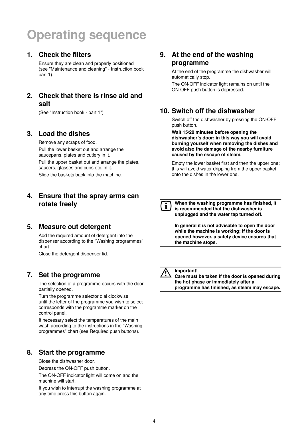 Zanussi DA 4342 manual Operating sequence 