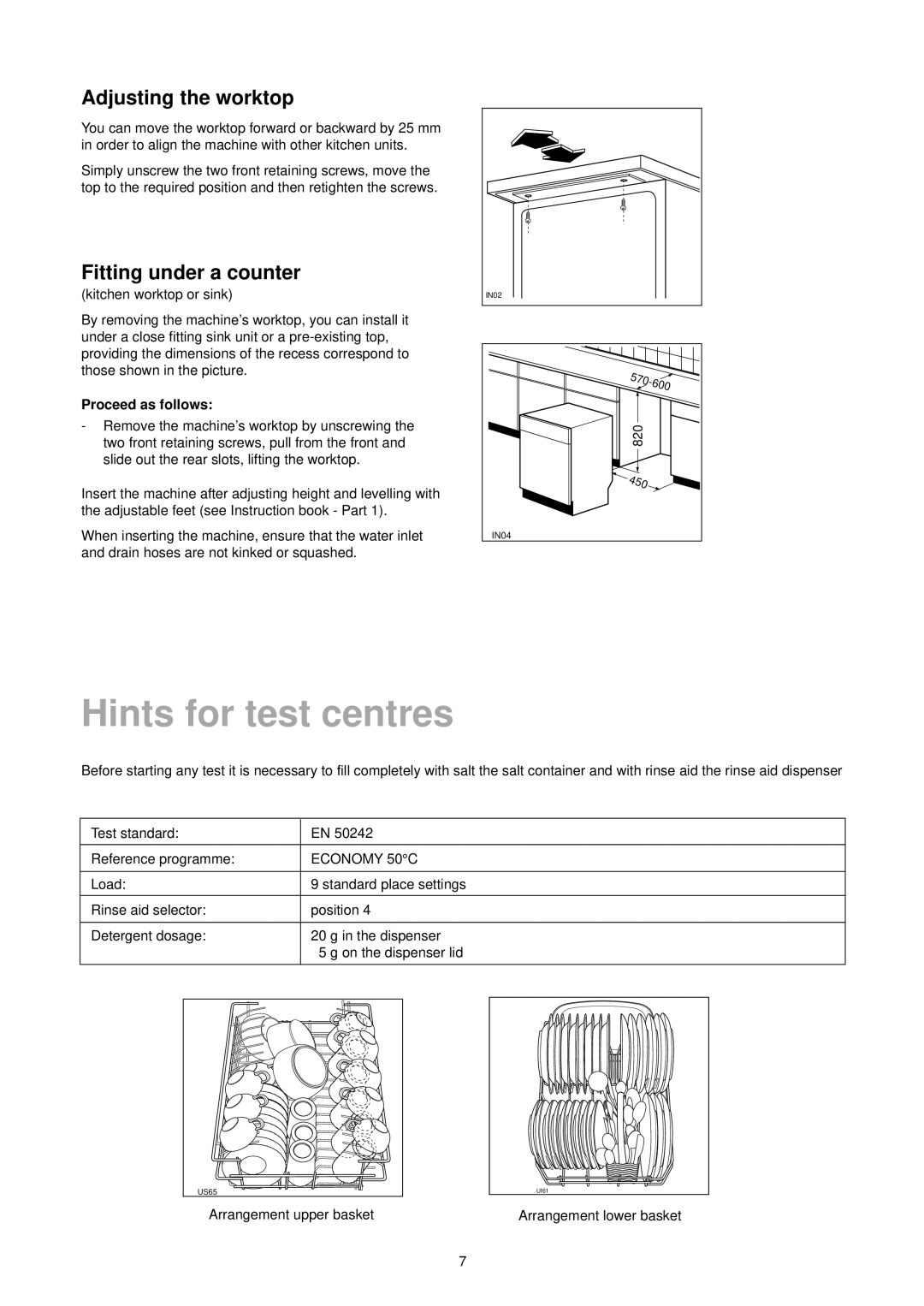 Zanussi DA 4342 manual Hints for test centres, Adjusting the worktop, Fitting under a counter, Proceed as follows 