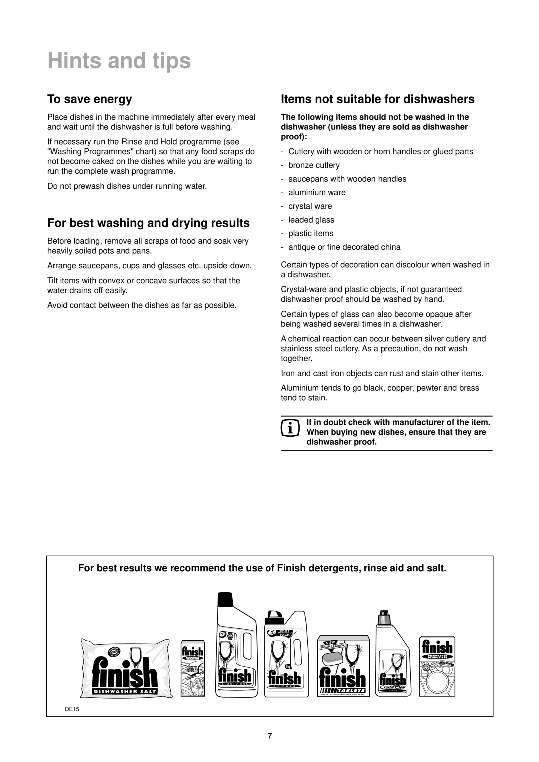 Zanussi DA 4342 Hints and tips, To save energy, For best washing and drying results, Items not suitable for dishwashers 