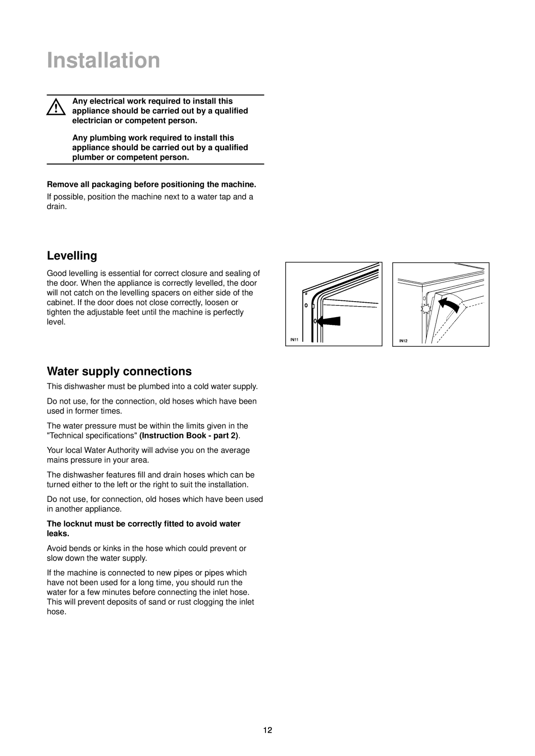 Zanussi DA 4342 Installation, Levelling, Water supply connections, Remove all packaging before positioning the machine 
