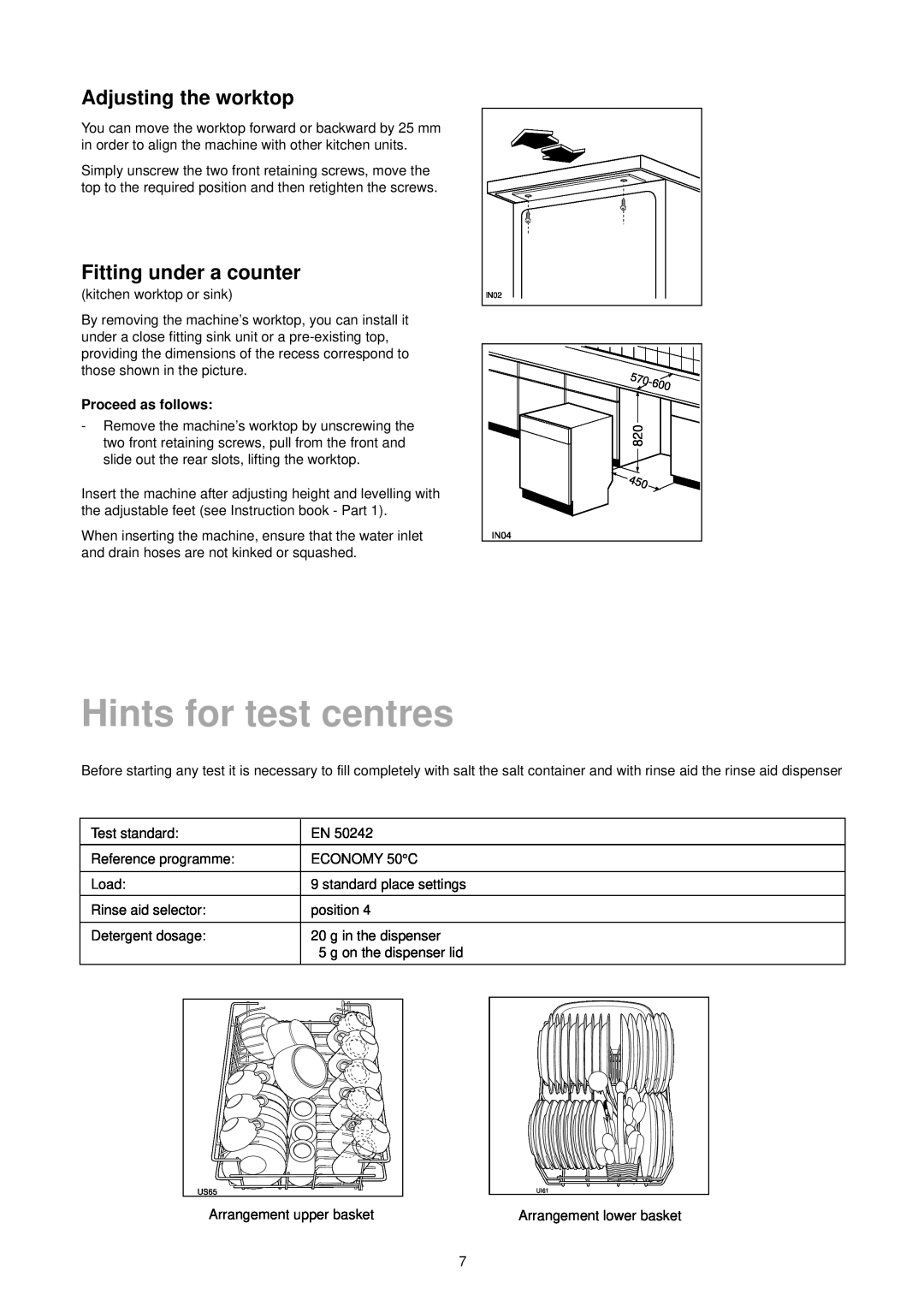 Zanussi DA 4342 manual Hints for test centres, Adjusting the worktop, Fitting under a counter, Proceed as follows 