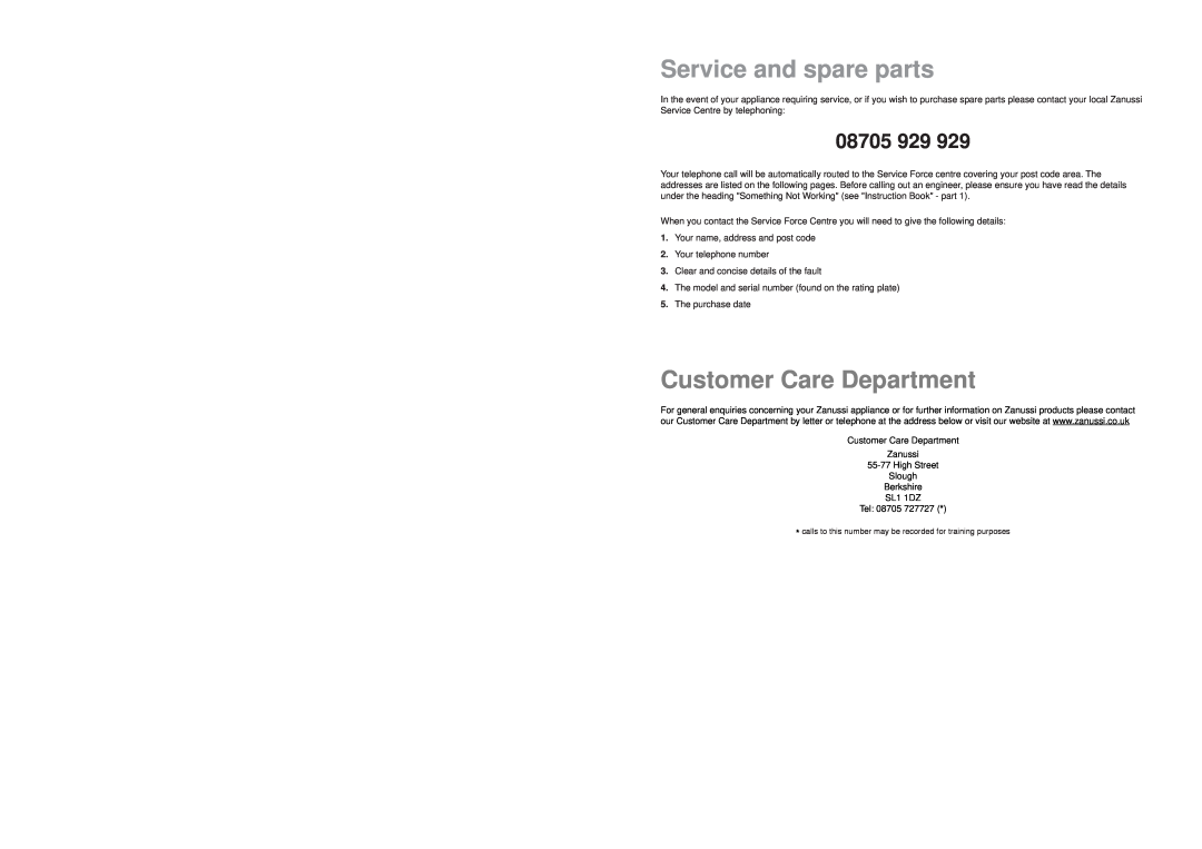 Zanussi DA 4342 manual Service and spare parts, Customer Care Department, 08705 