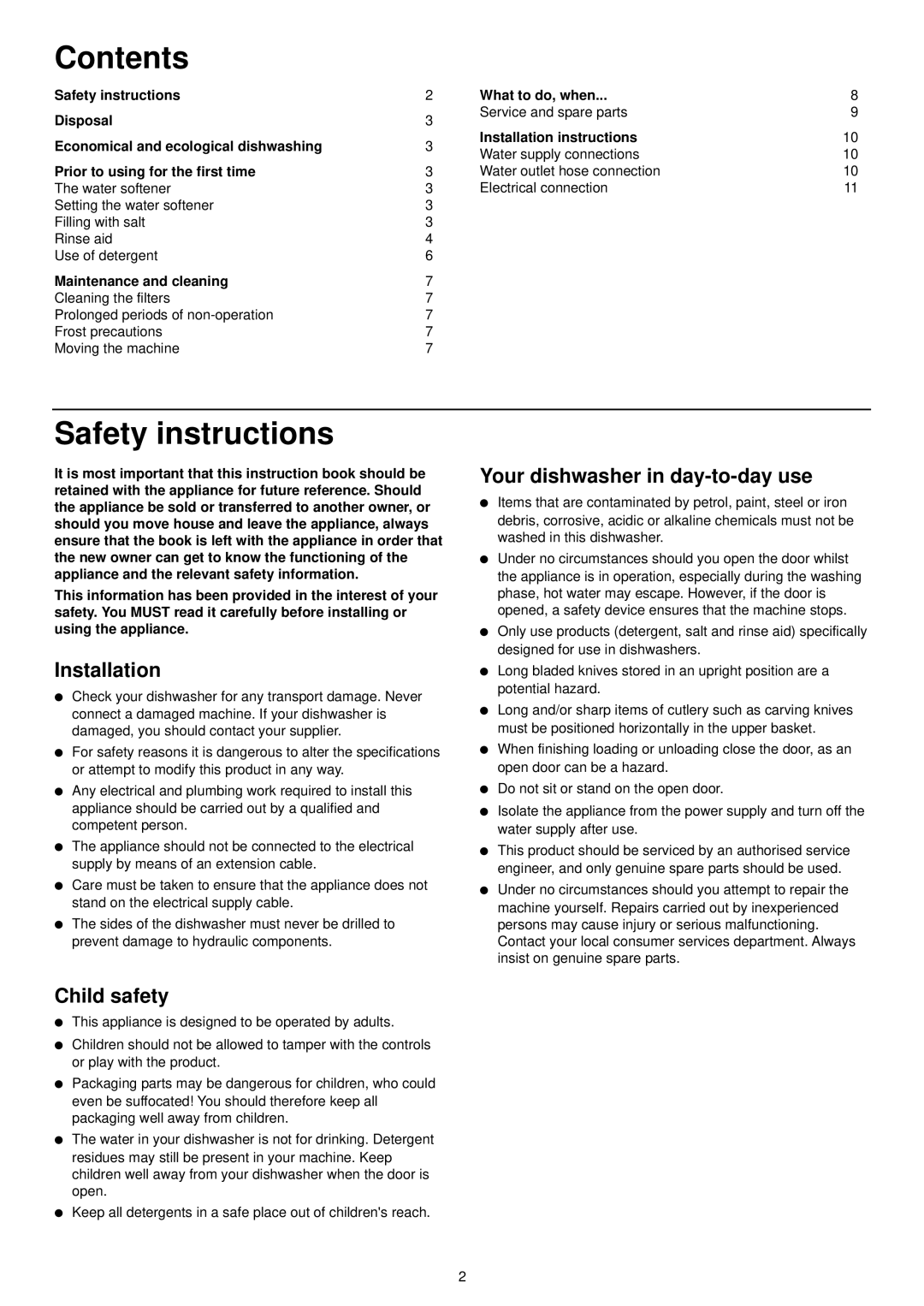 Zanussi DA 6141 D manual Contents, Safety instructions 