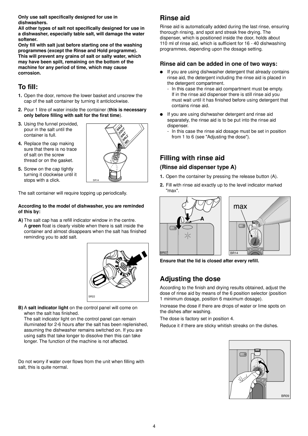 Zanussi DA 6141 D manual To fill, Rinse aid, Filling with rinse aid, Adjusting the dose 