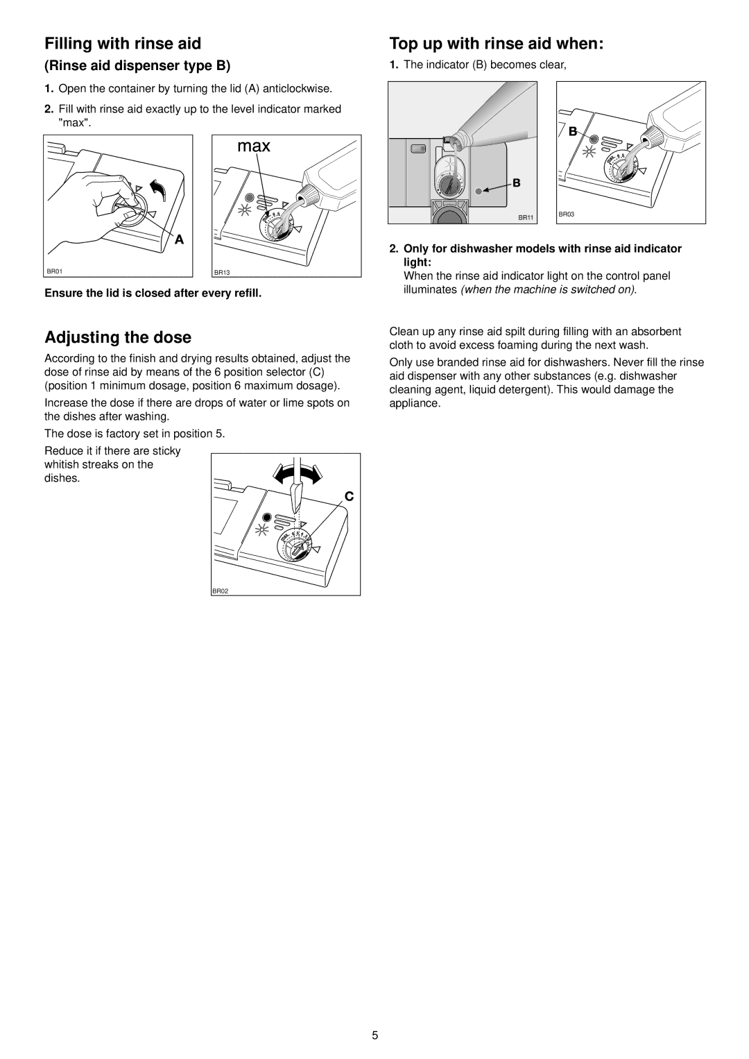 Zanussi DA 6141 D manual Top up with rinse aid when, Rinse aid dispenser type B 