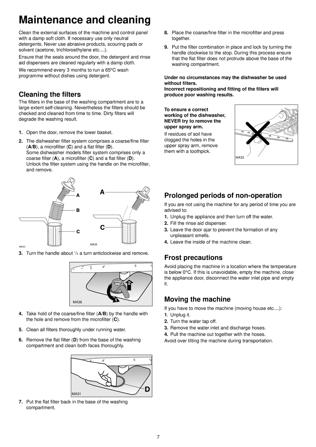 Zanussi DA 6141 D Maintenance and cleaning, Cleaning the filters, Prolonged periods of non-operation, Frost precautions 