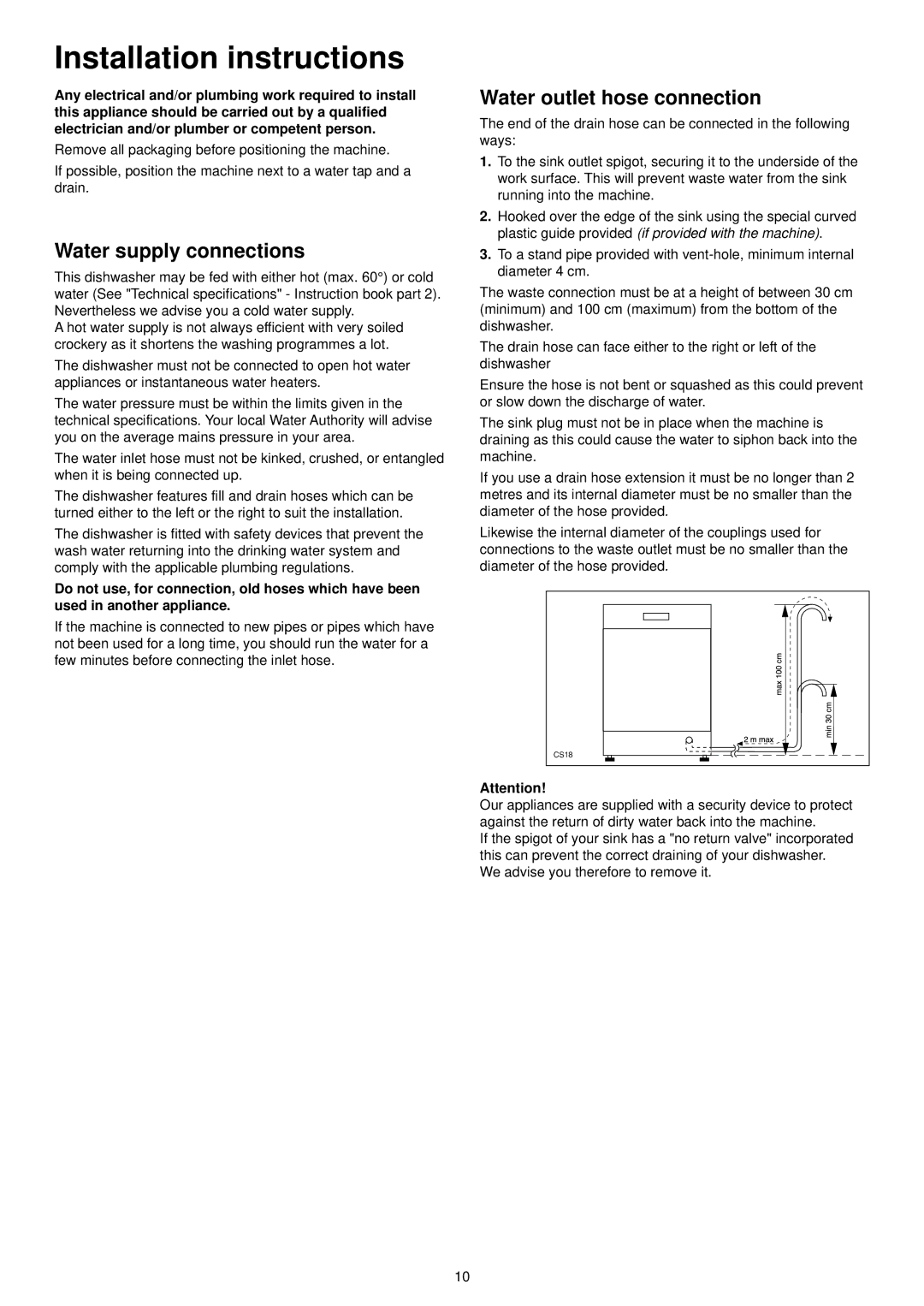 Zanussi DA 6141 D manual Installation instructions, Water supply connections, Water outlet hose connection 