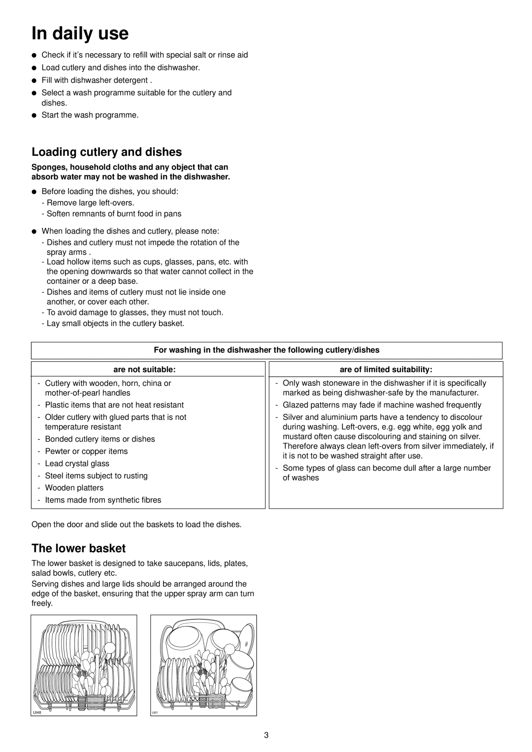 Zanussi DA 6141 D manual Daily use, Loading cutlery and dishes, Lower basket, Are of limited suitability 