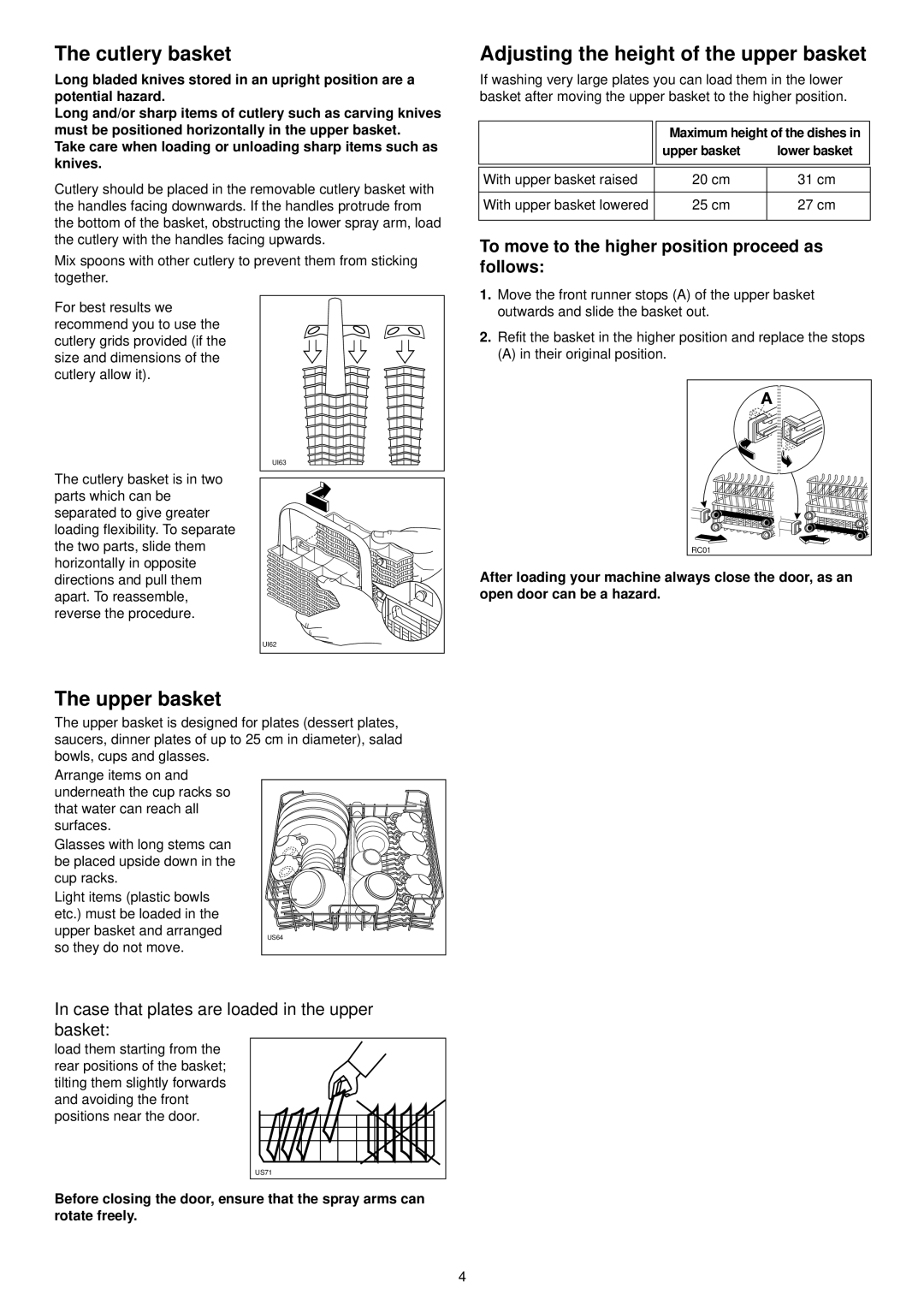 Zanussi DA 6141 D manual Cutlery basket, Adjusting the height of the upper basket, Upper basket 