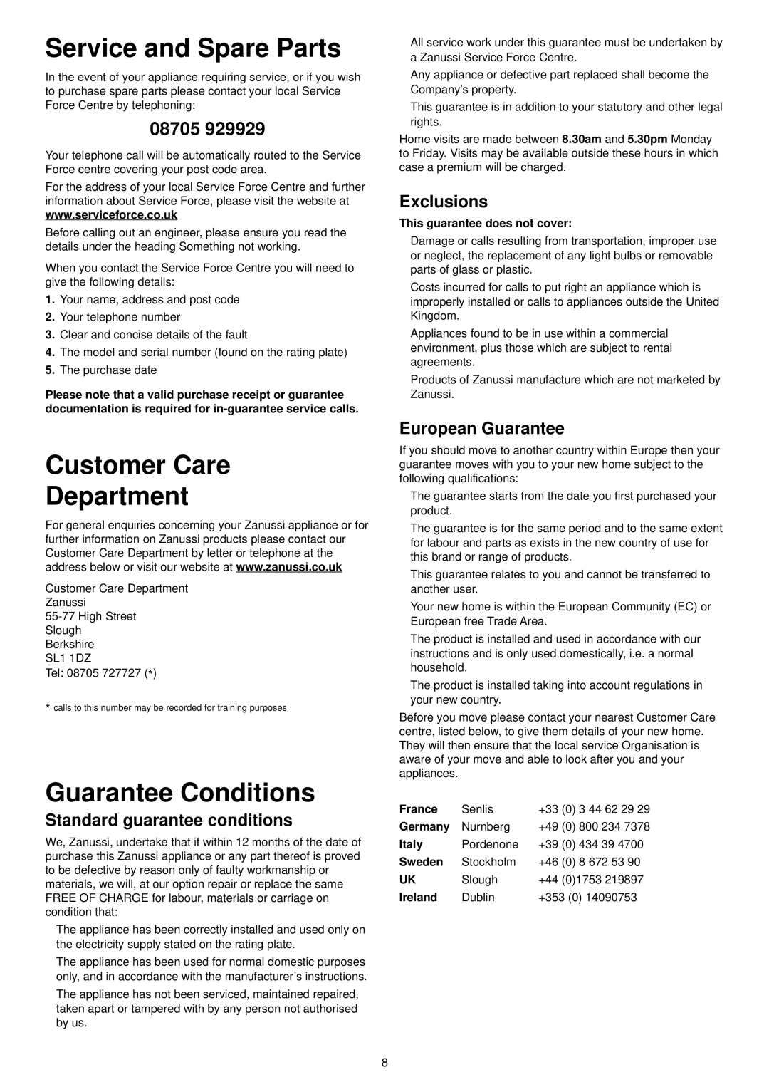 Zanussi DA 6141 D manual Service and Spare Parts, Customer Care Department, Guarantee Conditions 