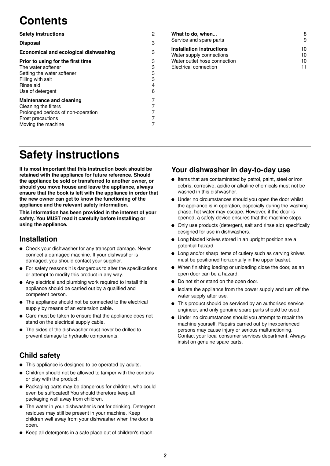 Zanussi DA 6141 D manual Contents, Safety instructions, Installation, Your dishwasher in day-to-day use, Child safety 