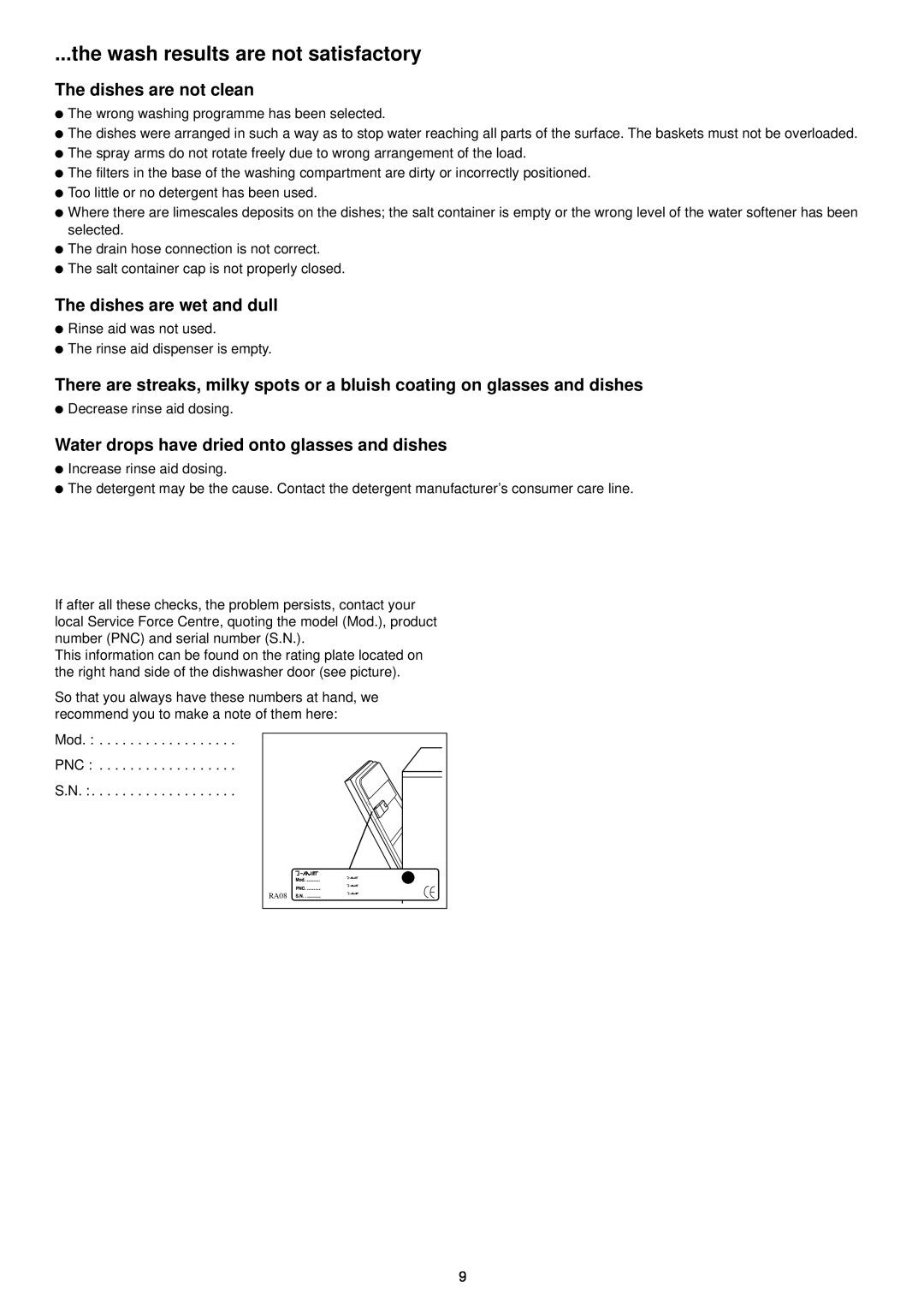 Zanussi DA 6141 D manual the wash results are not satisfactory, The dishes are not clean, The dishes are wet and dull 