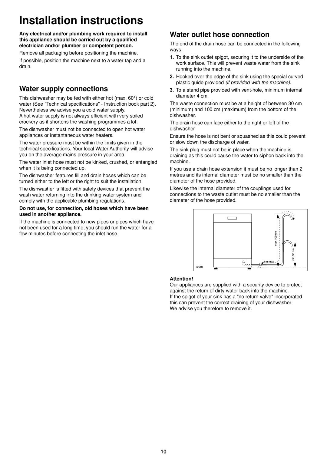 Zanussi DA 6141 D manual Installation instructions, Water supply connections, Water outlet hose connection 