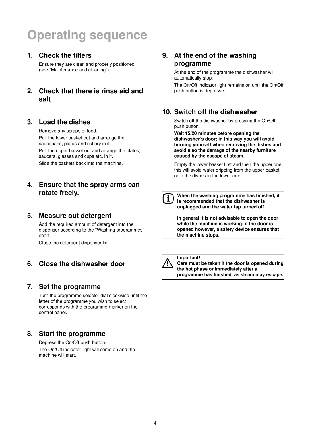 Zanussi DA 6141 manual Operating sequence 