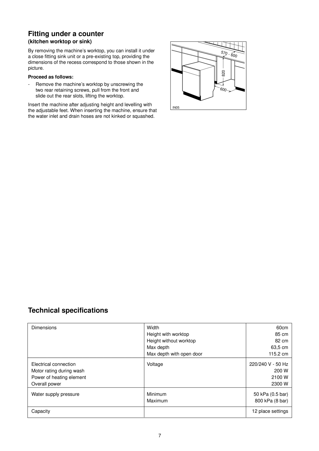 Zanussi DA 6141 manual Fitting under a counter, Technical specifications, Proceed as follows 