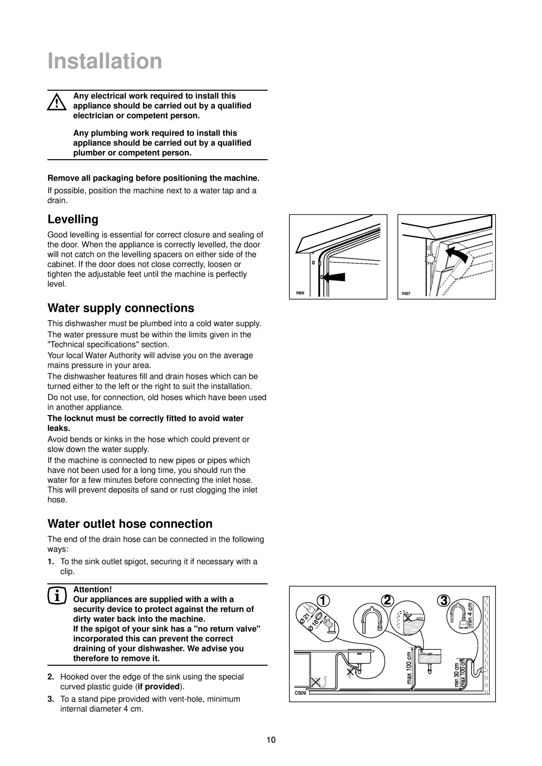 Zanussi DA 6141 Installation, Levelling, Water supply connections, Water outlet hose connection, Technical specifications 