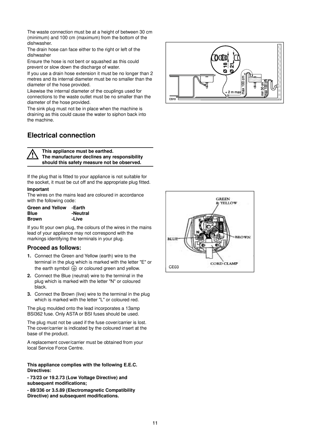 Zanussi DA 6141 Electrical connection, Proceed as follows, This appliance must be earthed, Earth, Blue, Brown, Live, CE03 