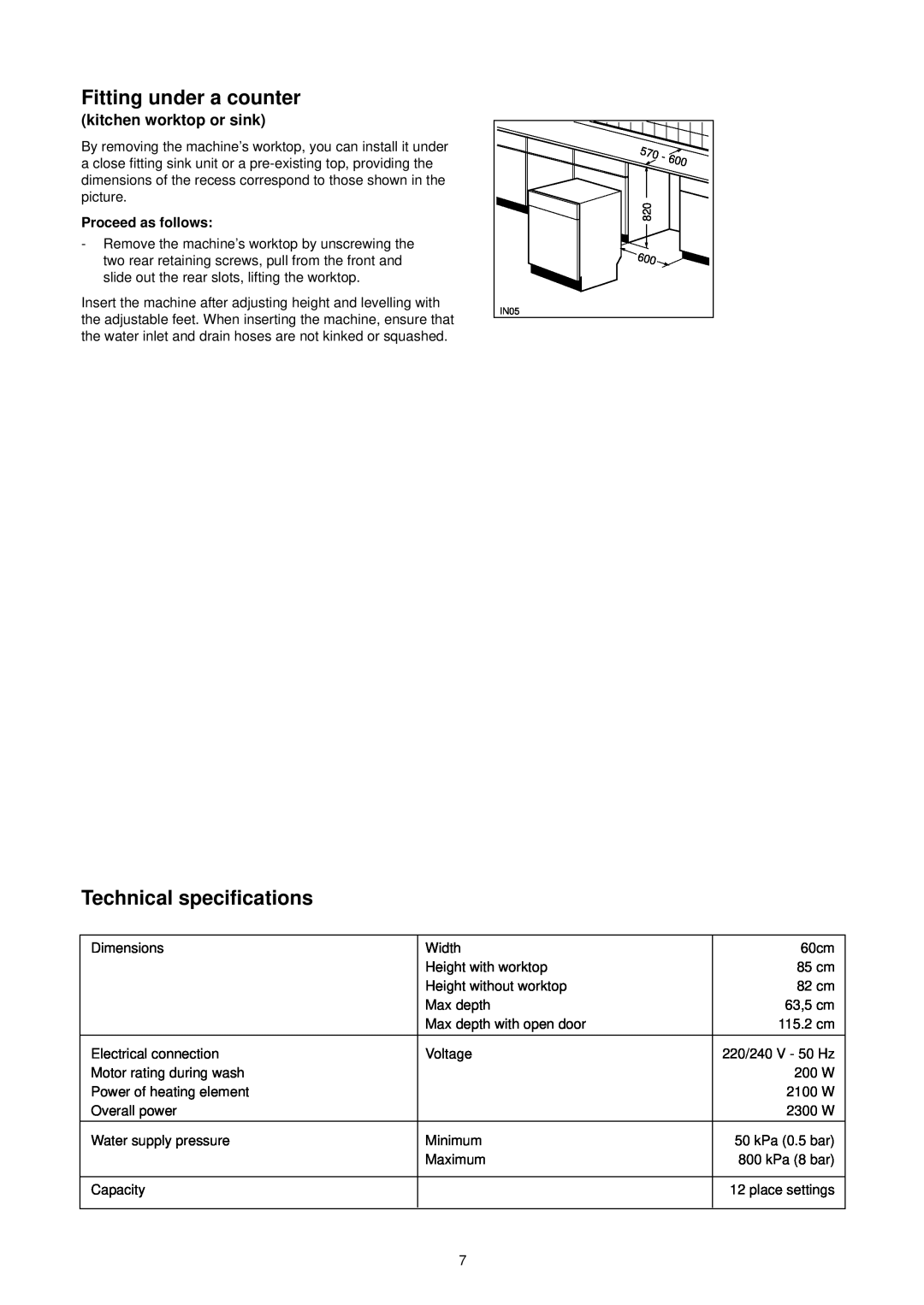 Zanussi DA 6141 manual Fitting under a counter, Technical specifications, kitchen worktop or sink, Proceed as follows 