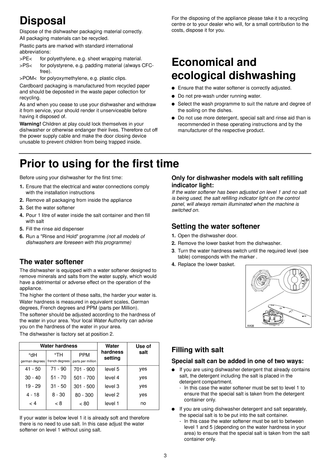 Zanussi DA 6142 Disposal, Prior to using for the first time, Setting the water softener, Water softener, Filling with salt 