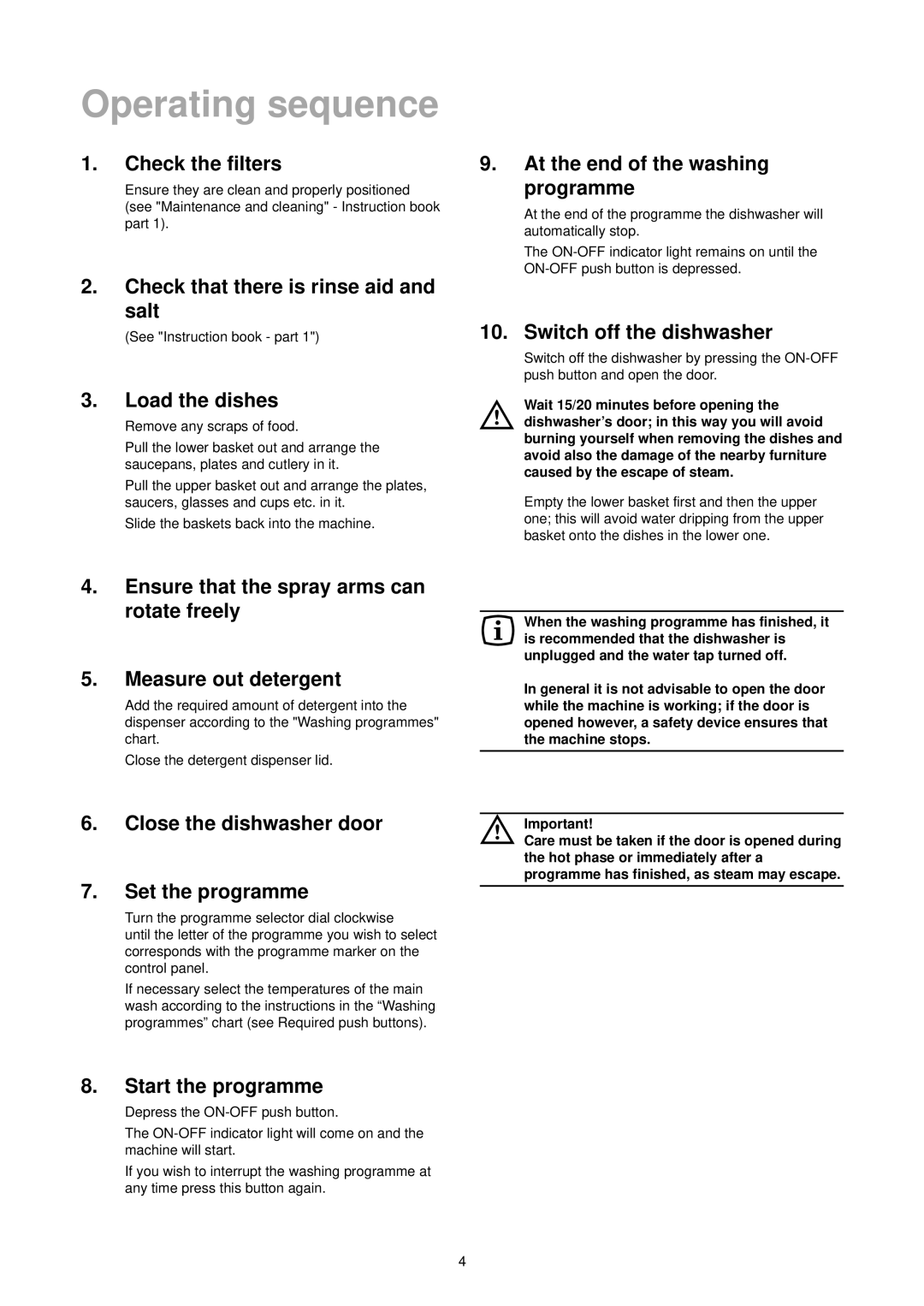 Zanussi DA 6152 manual Operating sequence 