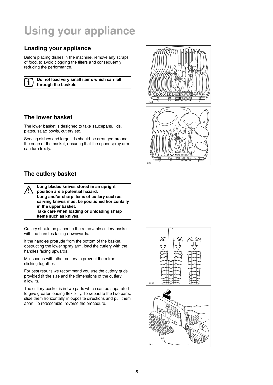 Zanussi DA 6152 manual Using your appliance, Loading your appliance, Lower basket, Cutlery basket 