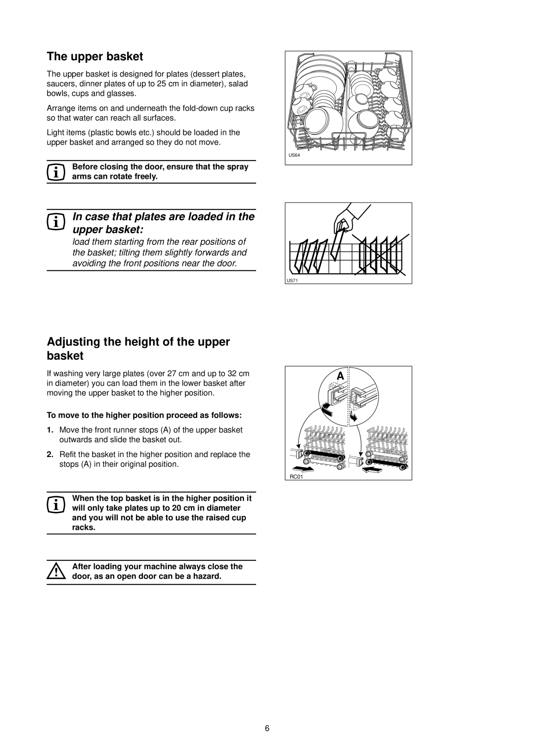 Zanussi DA 6152 Upper basket, Adjusting the height of the upper basket, To move to the higher position proceed as follows 