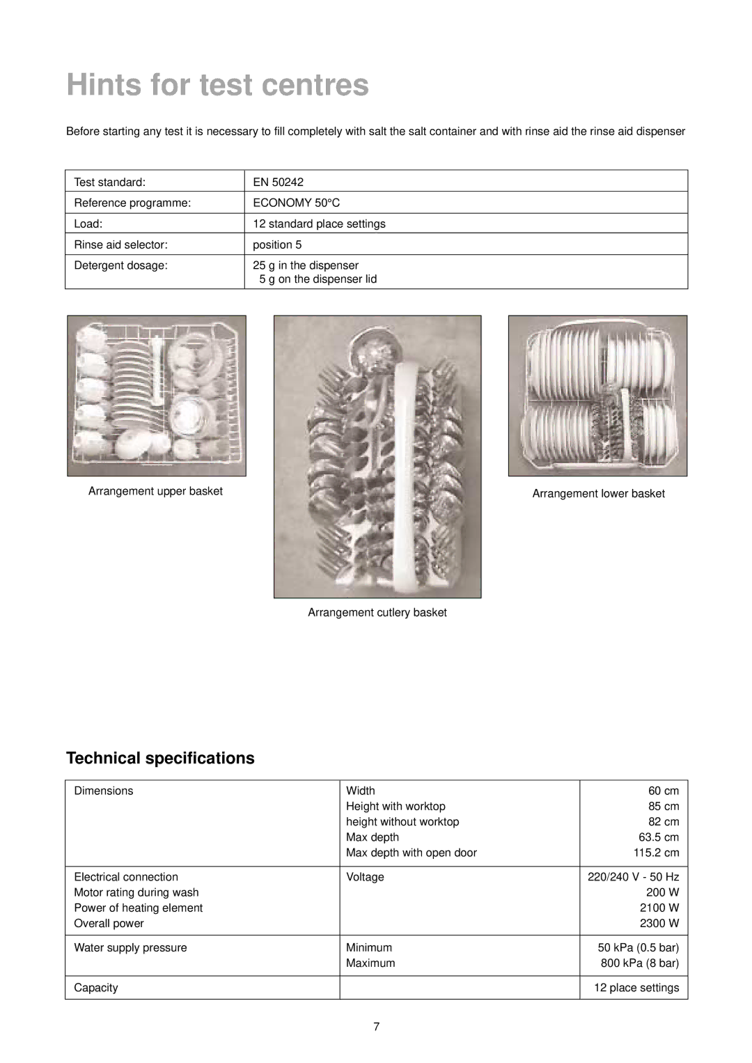 Zanussi DA 6152 manual Hints for test centres, Technical specifications 