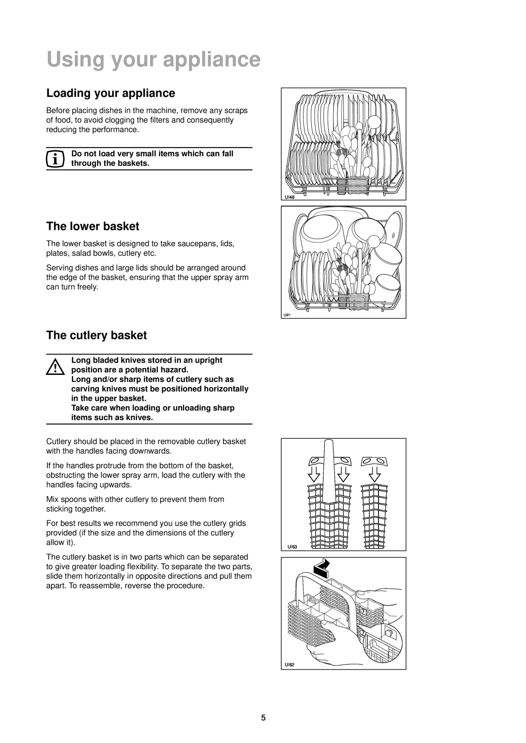 Zanussi DA 6152 manual Using your appliance, Loading your appliance, The lower basket, The cutlery basket 