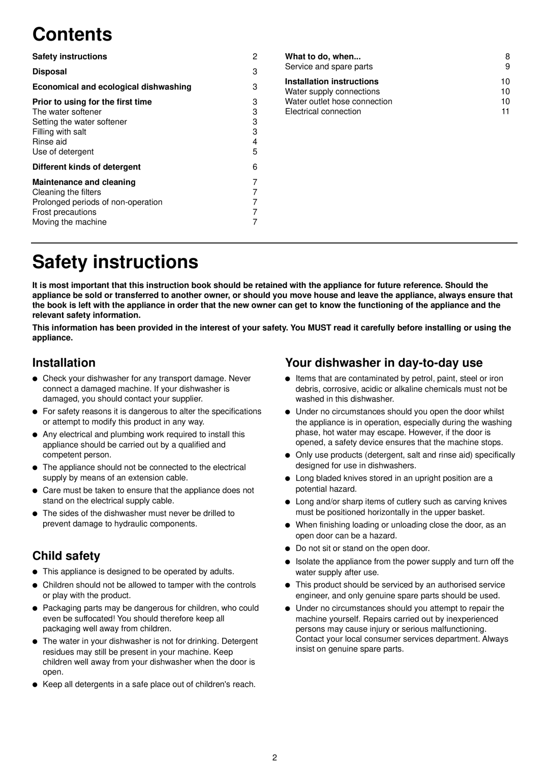 Zanussi DA 6153 manual Contents, Safety instructions 