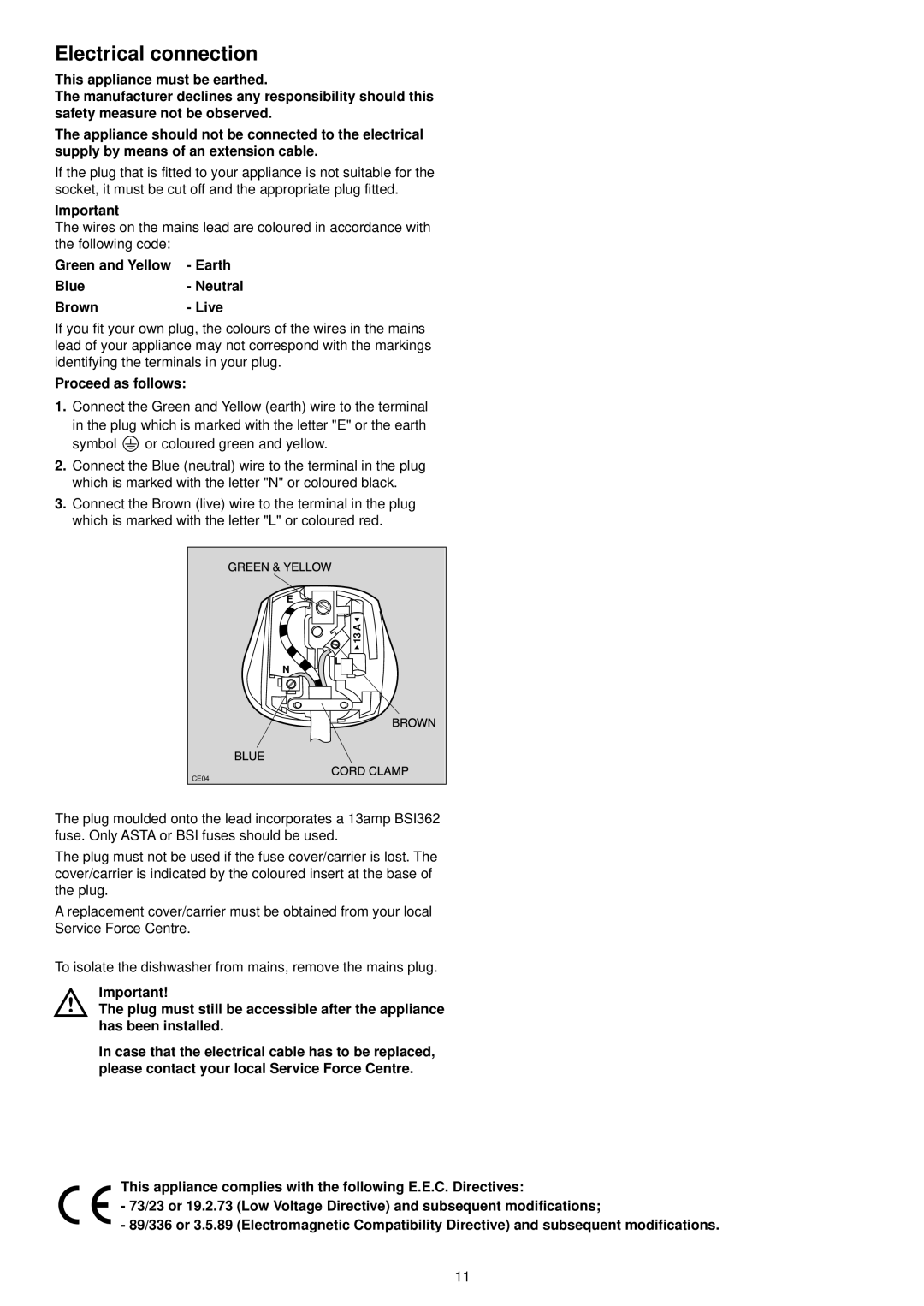 Zanussi DA 6153 manual Electrical connection, Green and Yellow Earth Blue- Neutral Brown- Live 