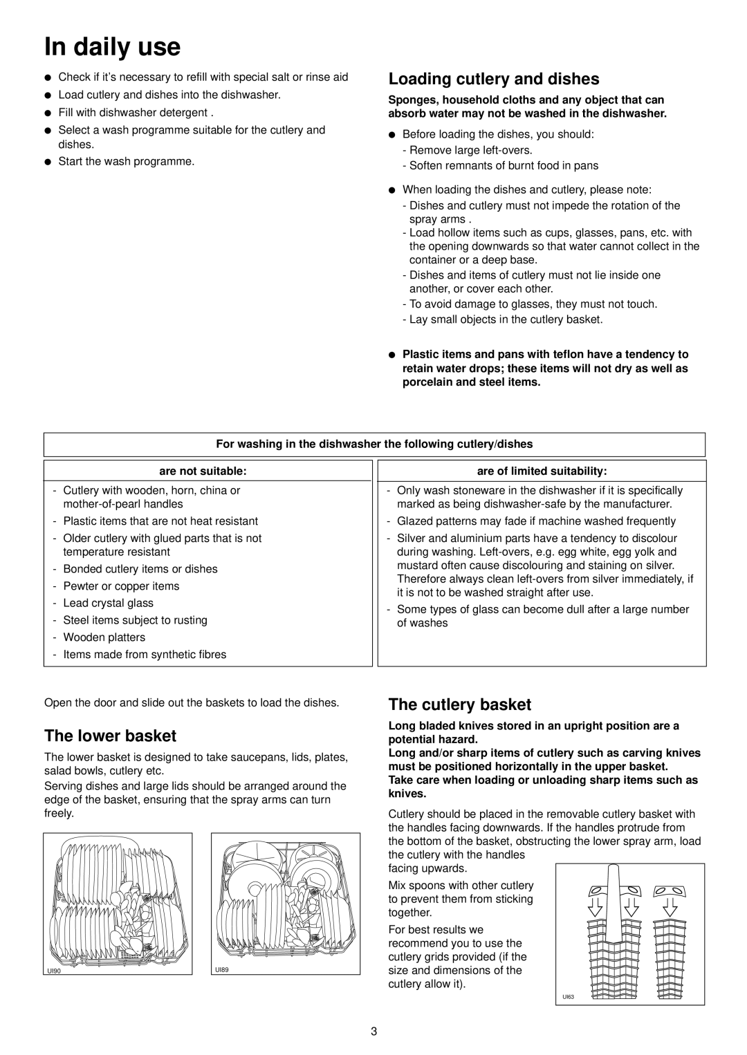 Zanussi DA 6153 manual Daily use, Loading cutlery and dishes, Lower basket, Cutlery basket, Are of limited suitability 