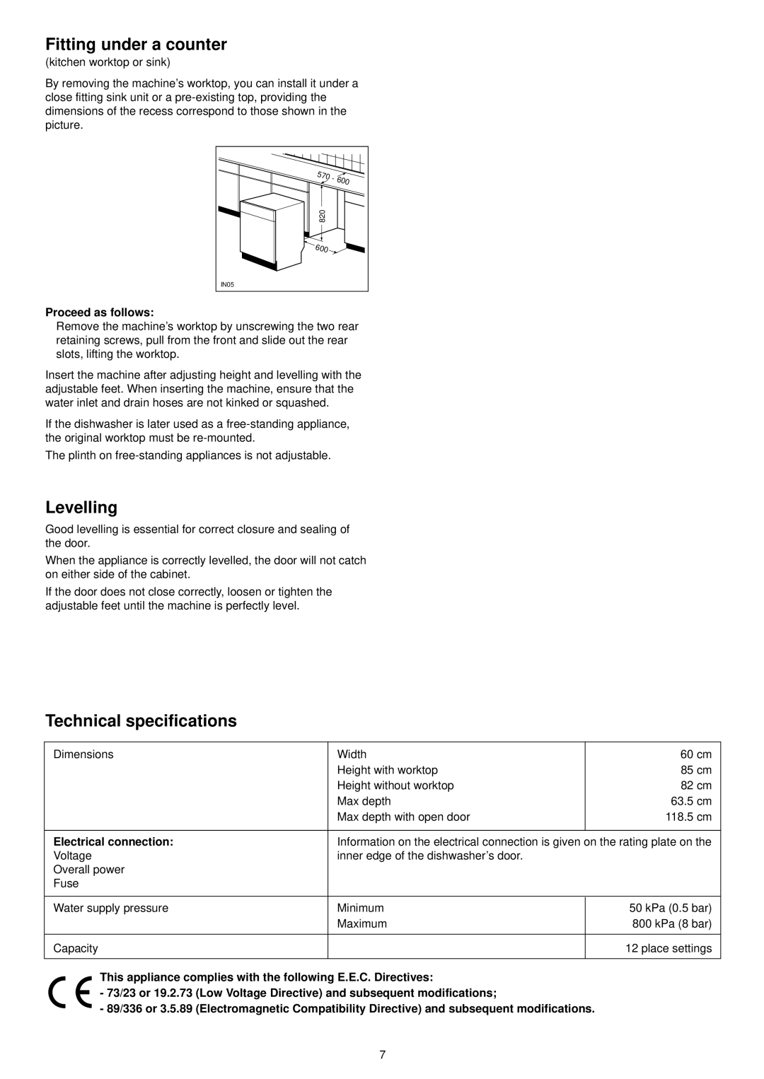 Zanussi DA 6153 Fitting under a counter, Levelling, Technical specifications, Proceed as follows, Electrical connection 