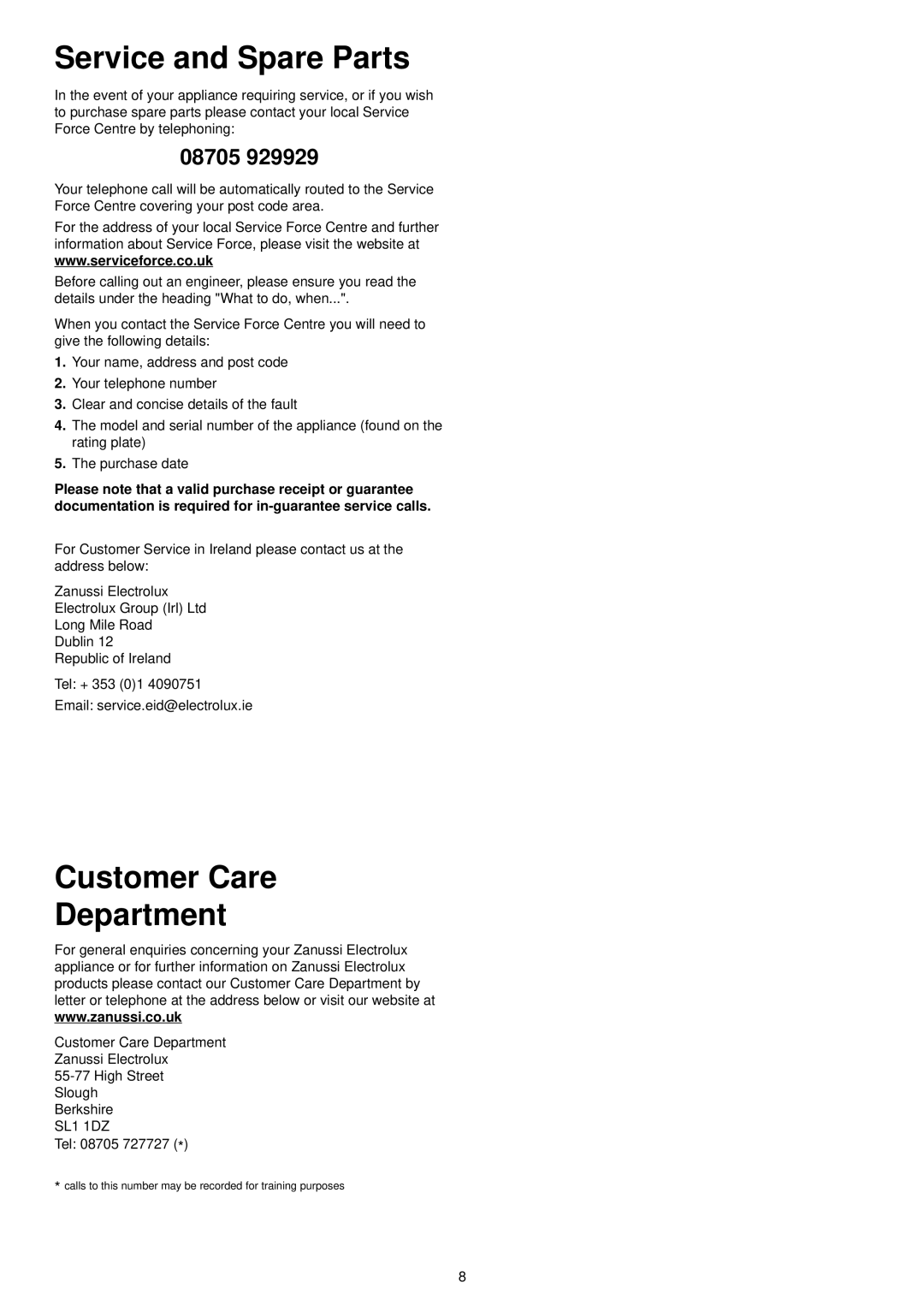 Zanussi DA 6153 manual Service and Spare Parts, Customer Care Department 