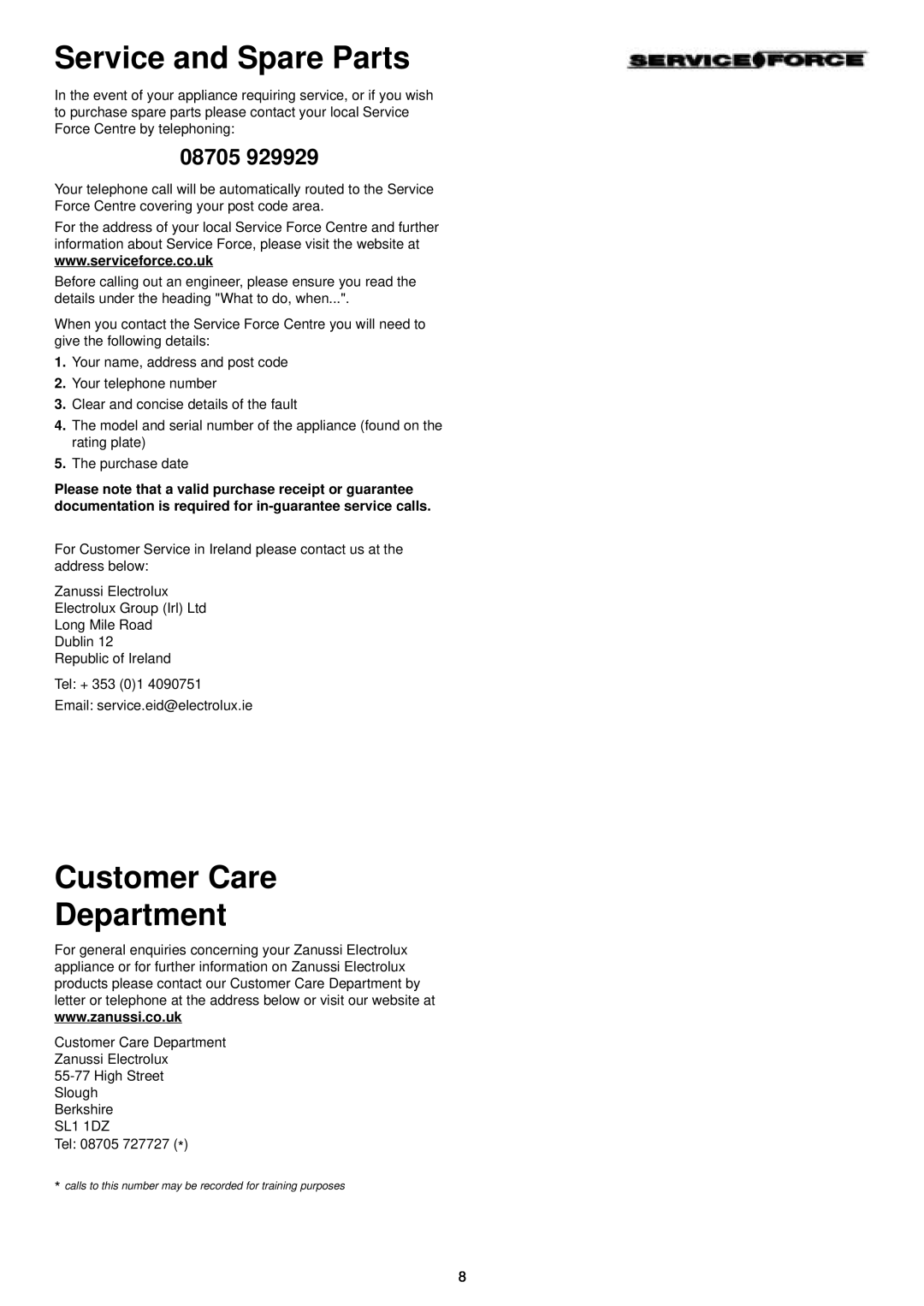 Zanussi DA 6153 manual Service and Spare Parts, Customer Care Department, 08705 