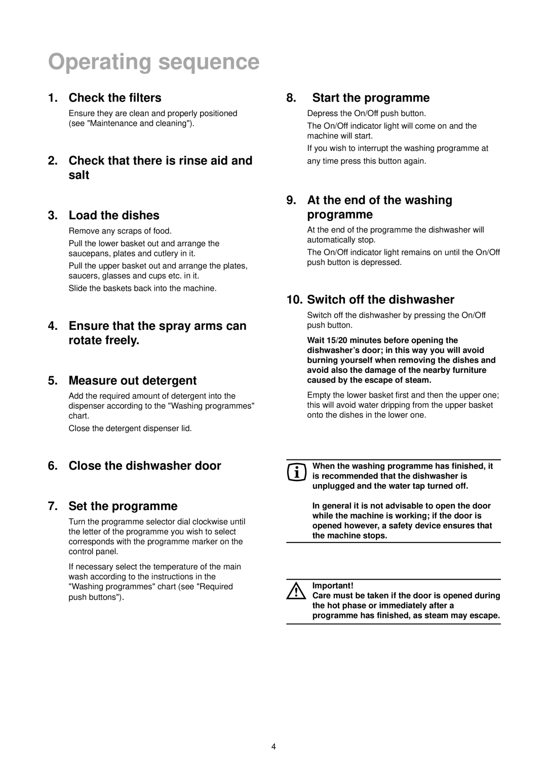 Zanussi DA 6373 manual Operating sequence 