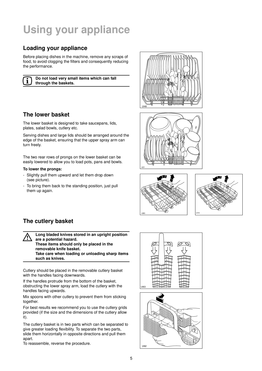 Zanussi DA 6373 manual Using your appliance, Loading your appliance, Lower basket, Cutlery basket, To lower the prongs 