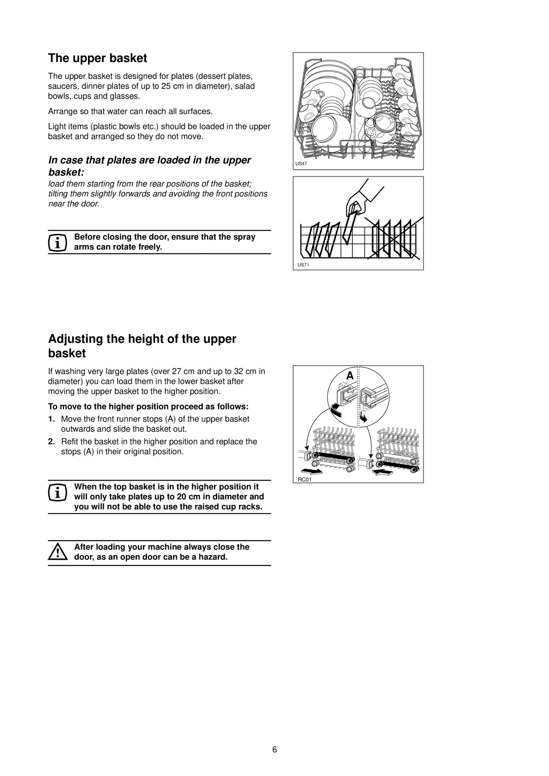 Zanussi DA 6373 manual Upper basket, Adjusting the height of the upper basket, Arrange so that water can reach all surfaces 