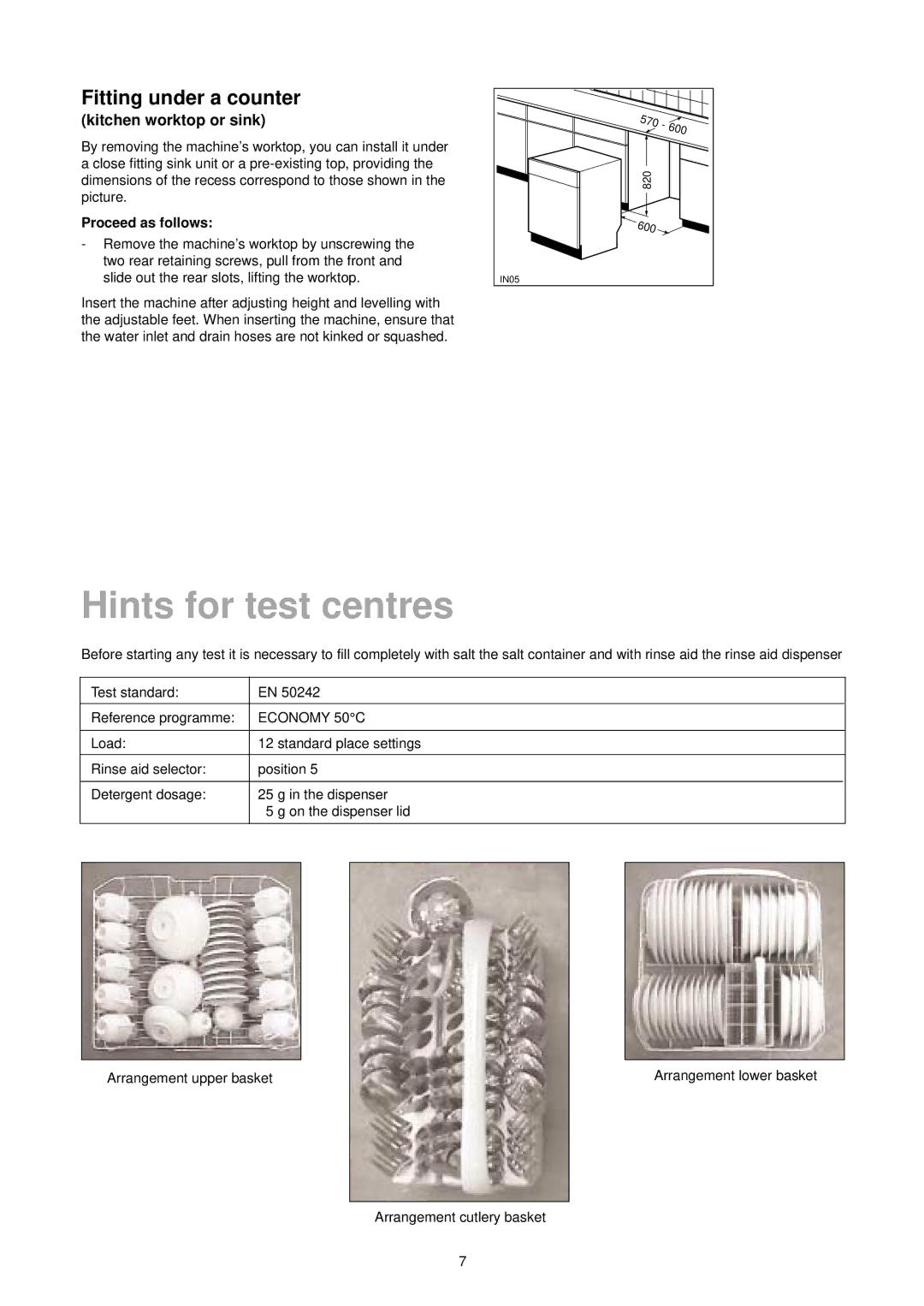 Zanussi DA 6373 manual Hints for test centres, Fitting under a counter, Proceed as follows 