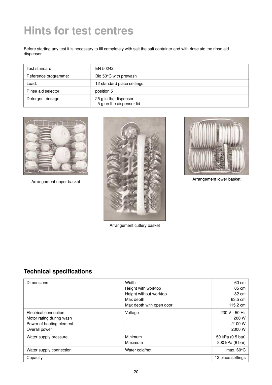 Zanussi DA 6473 manual Hints for test centres, Technical specifications 